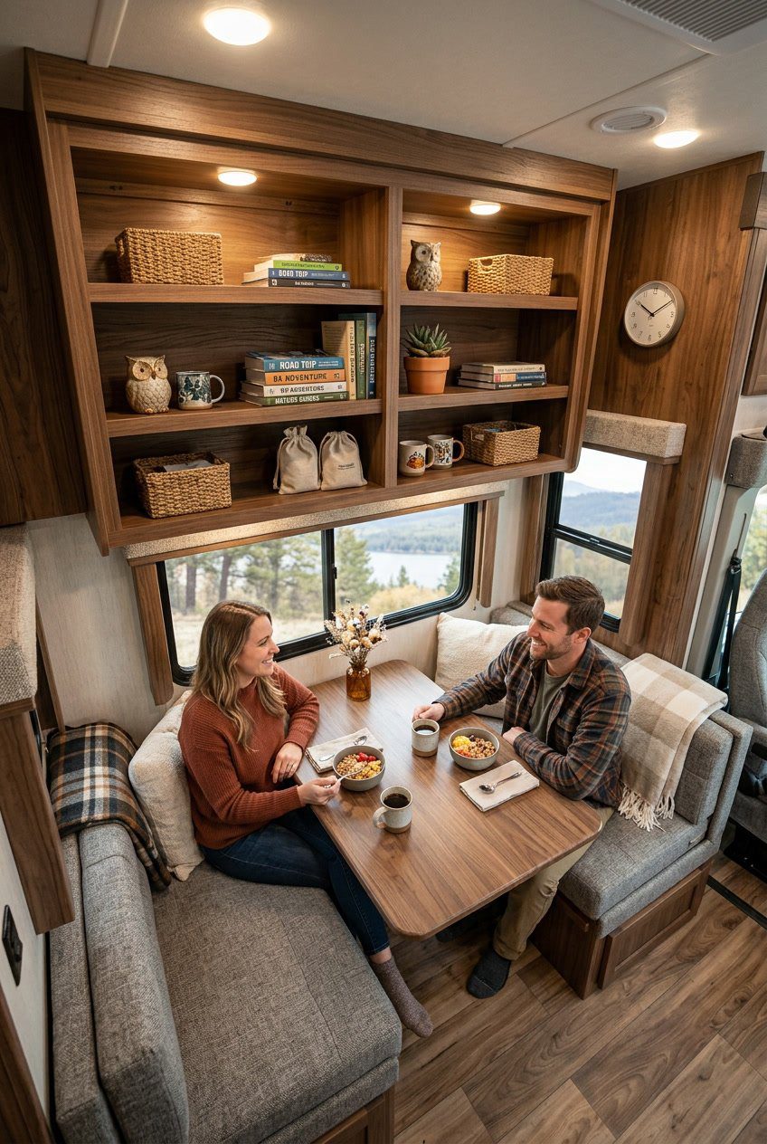 Overhead cubby with LED lights above a dining nook inside an RV, showing organized shelves and seating area.