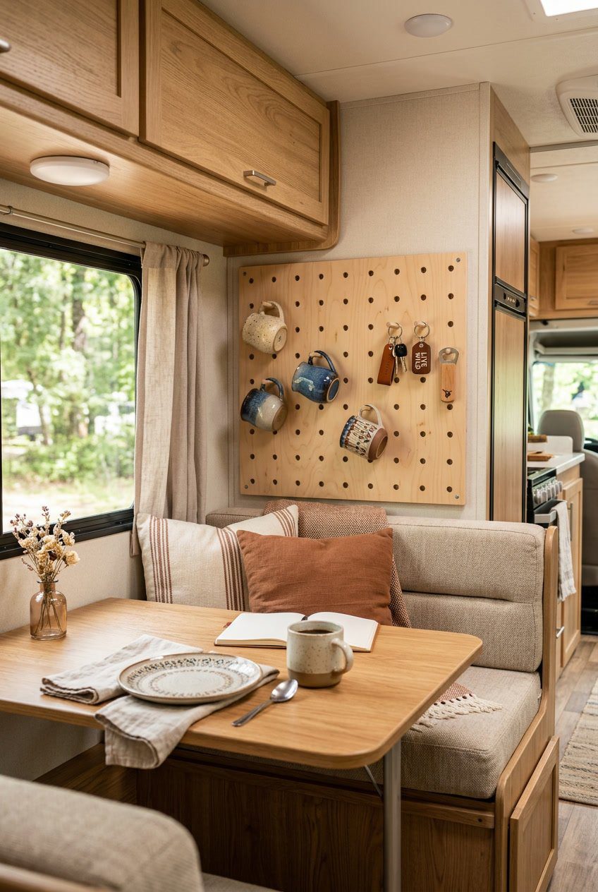 RV dining nook with a pegboard backsplash holding mugs and keys above a wooden table with cushioned bench seating.