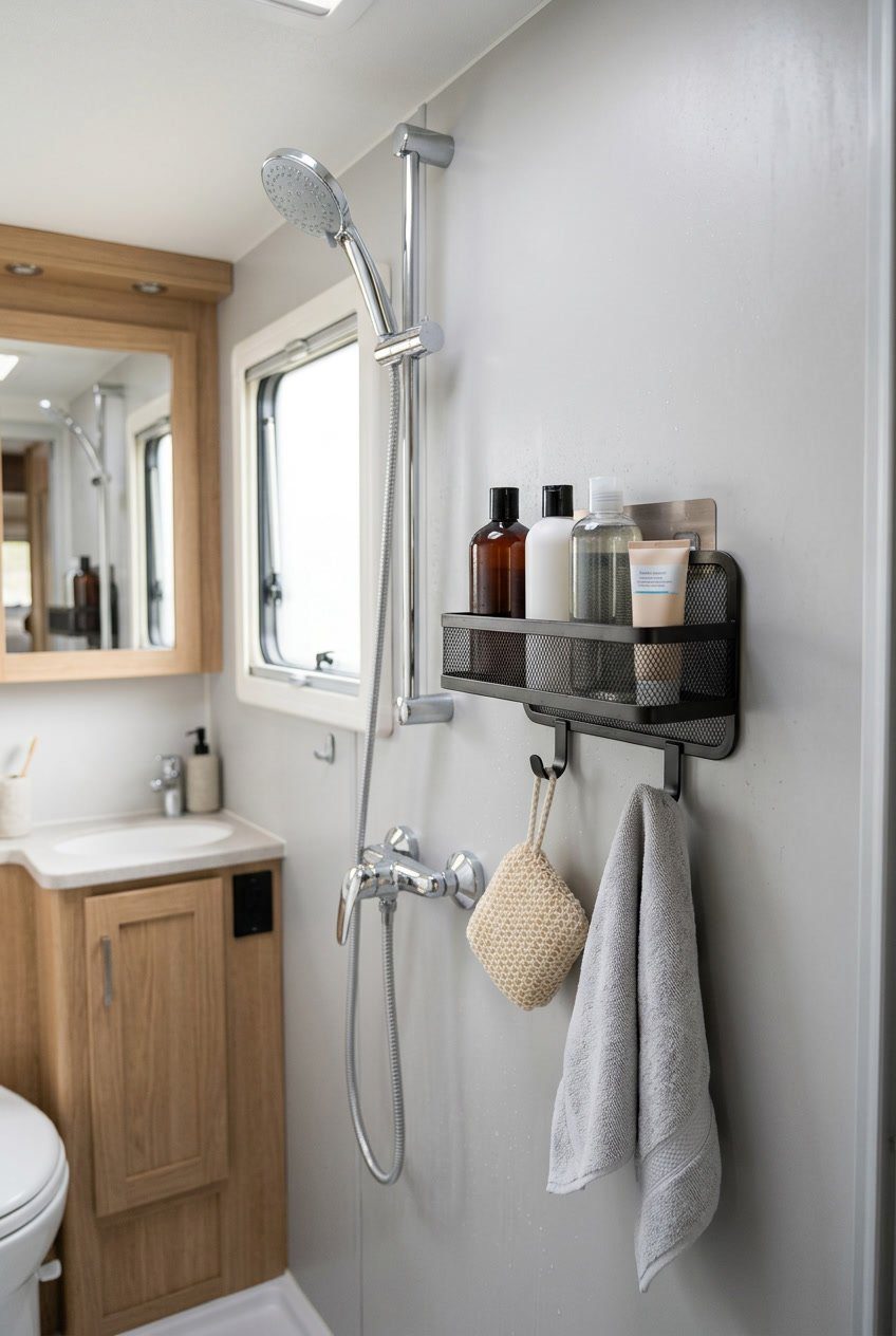A small RV bathroom with a magnetic shower caddy holding toiletries and suction hooks with a loofah and towel attached to the shower wall.