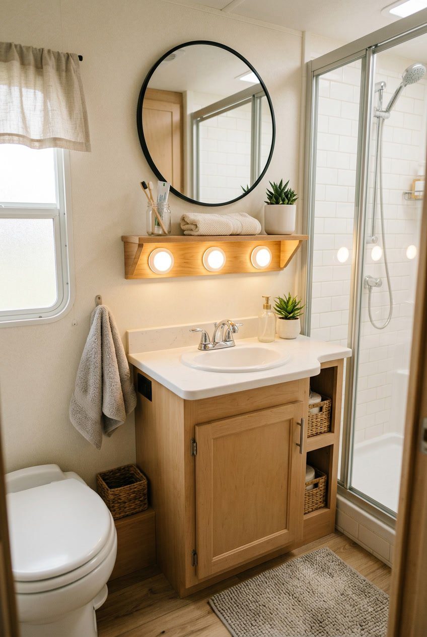 A small RV bathroom with warm white LED puck lights illuminating a clean and organized space with storage, a mirror, and decorative accents.