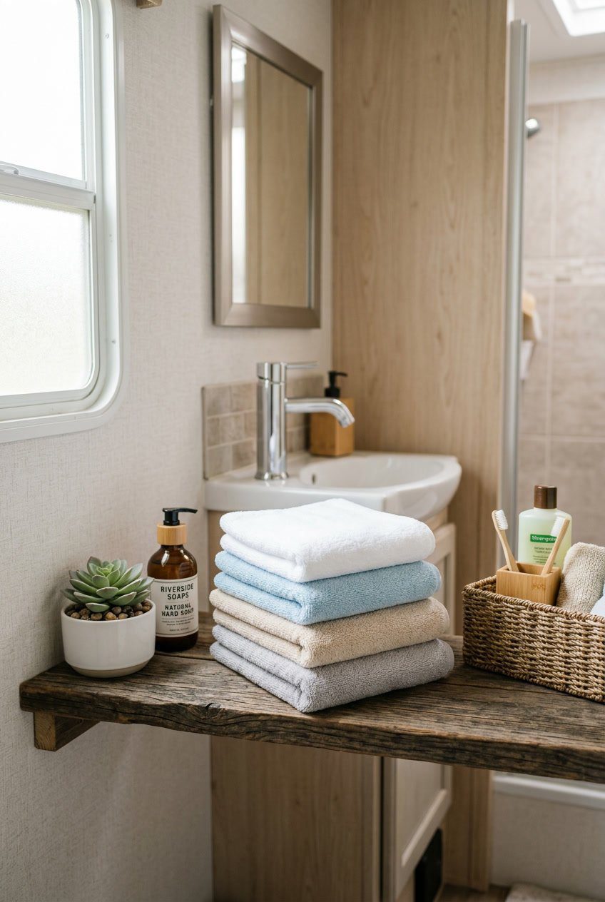 A set of four folded microfiber hand towels on a wooden shelf in a small RV bathroom with a sink, mirror, and a small plant.