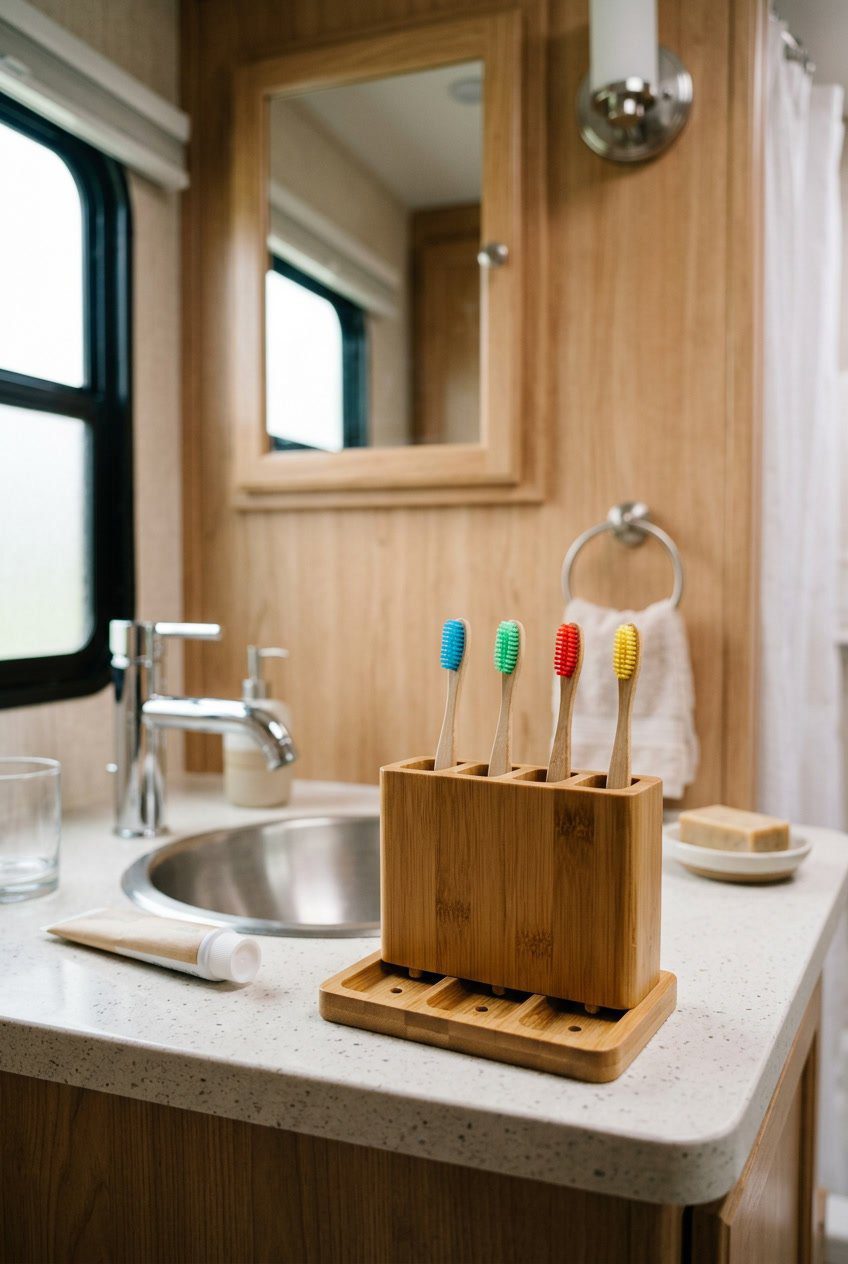 Bamboo toothbrush holder with toothbrushes on a bathroom countertop inside an RV.
