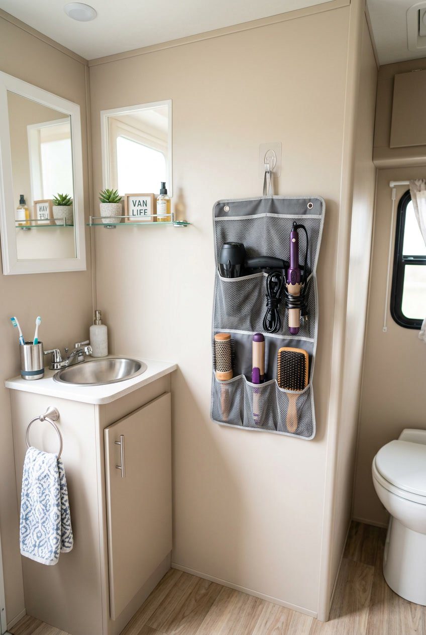Small RV bathroom with a hanging organizer holding hair styling tools on a wall, showing a clean and organized space.