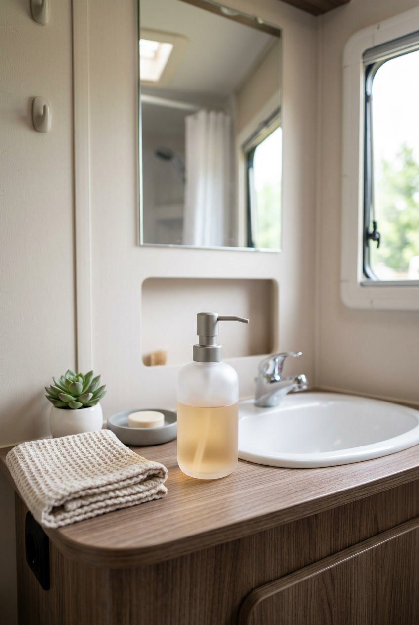 A travel-size pump soap dispenser on an RV bathroom countertop with a small plant, towel, and soap dish in a clean and tidy space.