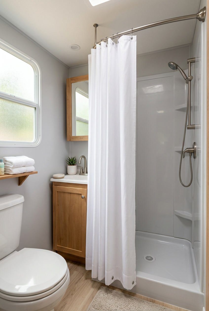 An RV bathroom with a white shower curtain liner hanging inside the shower, a small plant on a shelf, and neatly folded towels.