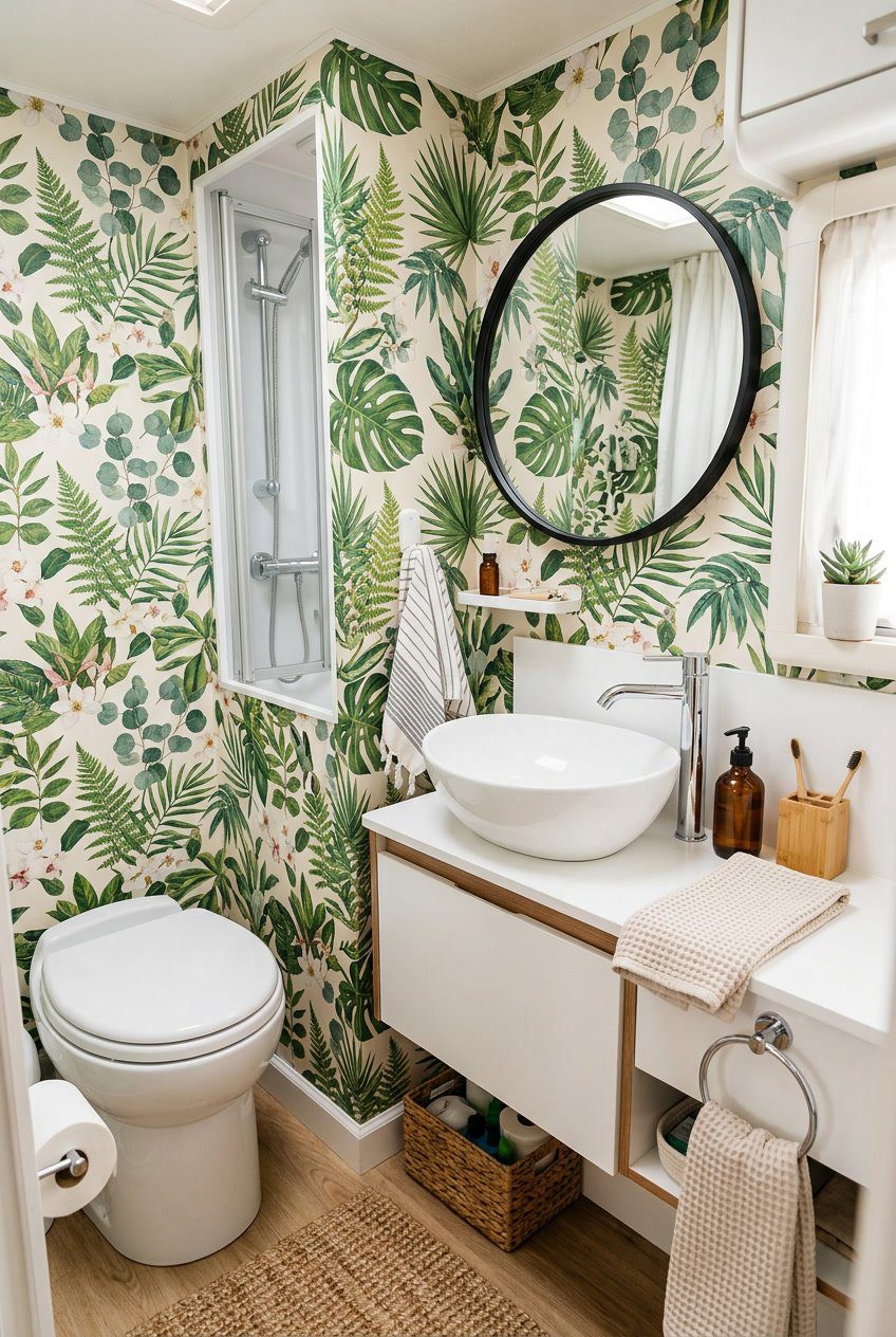 Compact RV bathroom with botanical print wallpaper, small sink, and clean, organized surfaces.