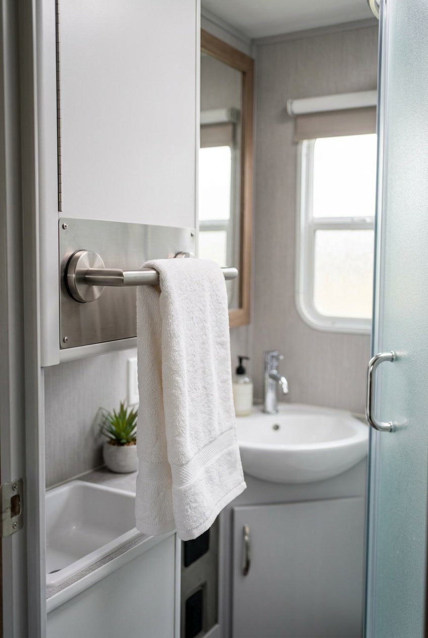 Magnetic towel bar attached to a metal surface holding a white towel inside a clean RV bathroom.