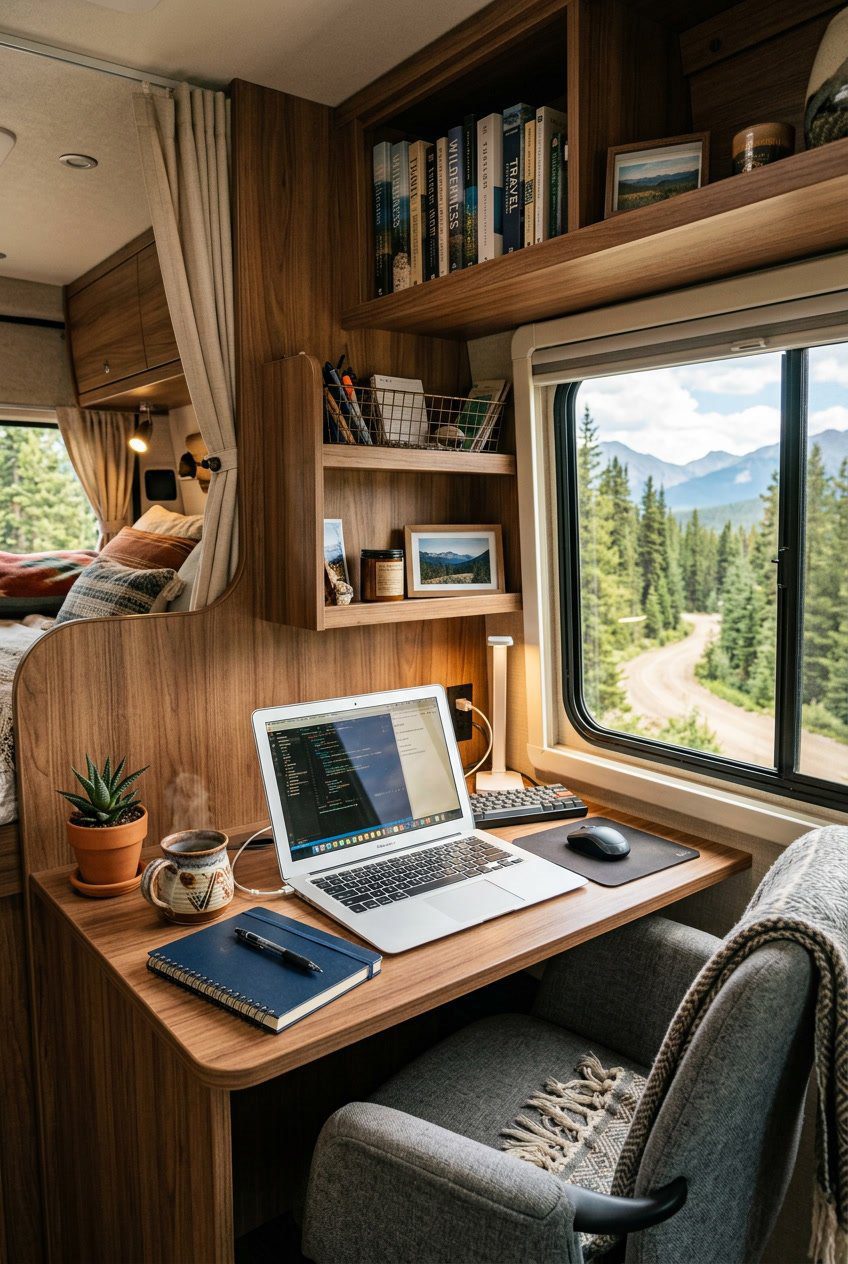 An RV interior with a small office nook featuring a desk with a laptop, a coffee mug, and a plant, next to a window showing a natural outdoor view.