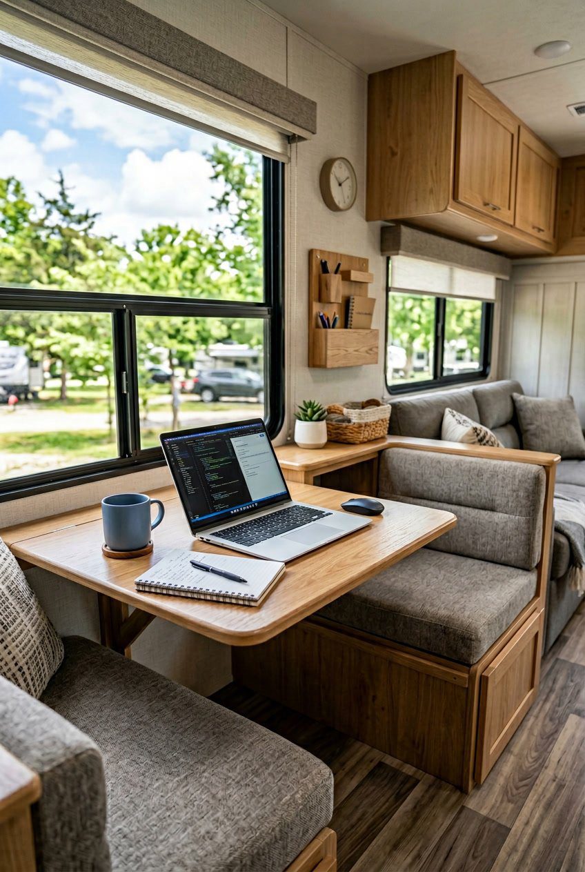 Compact L-shaped desk built into a slide-out dinette area inside an RV, set up for working with a laptop and coffee cup.