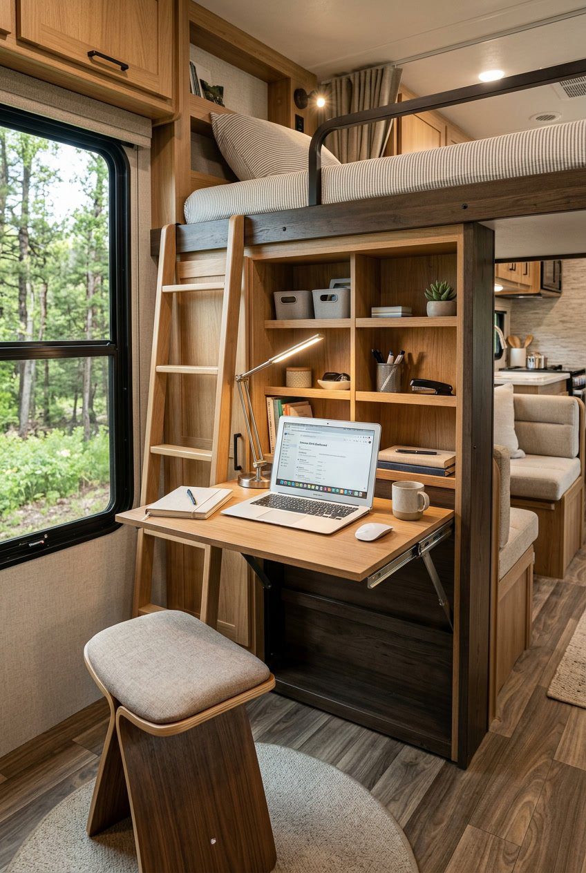 Compact RV workspace with a Murphy desk folded down under a bunk bed, featuring integrated storage and a laptop on the desk.