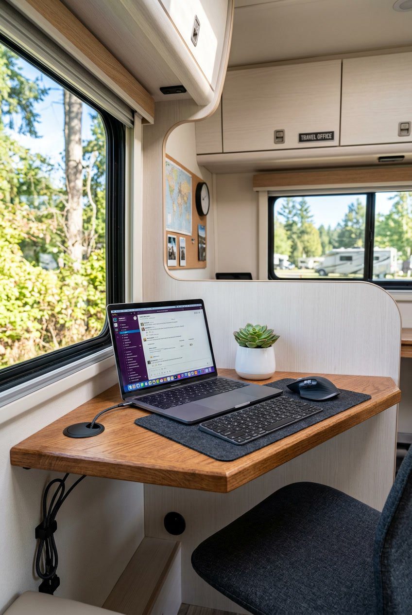 An RV office nook with a corner floating shelf desk, a laptop, and organized cables through a cable grommet.
