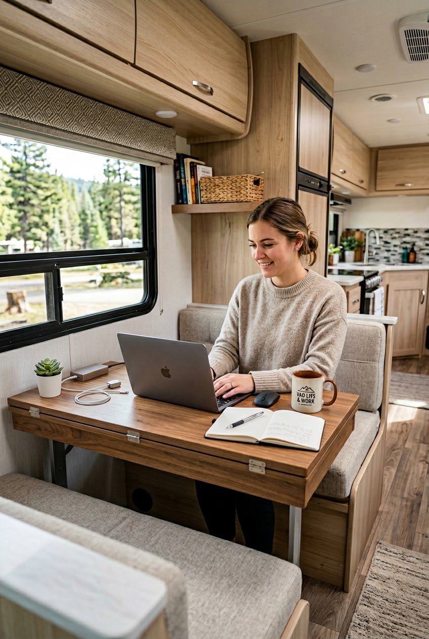 Interior of an RV showing a convertible sofa turned into a desk workspace with a laptop and office supplies.