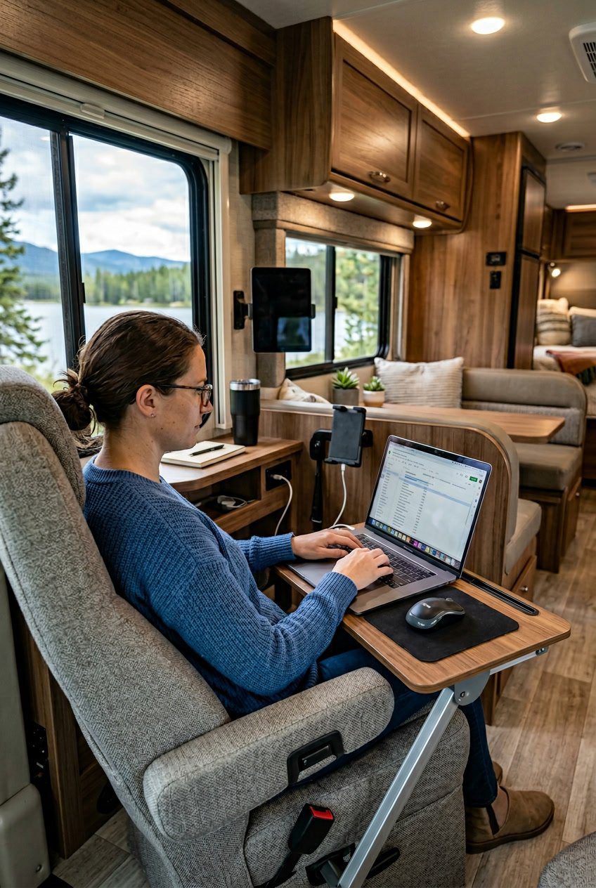 Foldable laptop tray attached to a swivel captain’s chair inside an RV office nook with a laptop on the tray.