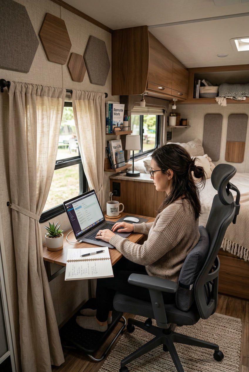 A small workspace inside an RV with a desk, chair, noise-reducing curtains on the window, and acoustic panels on the walls.