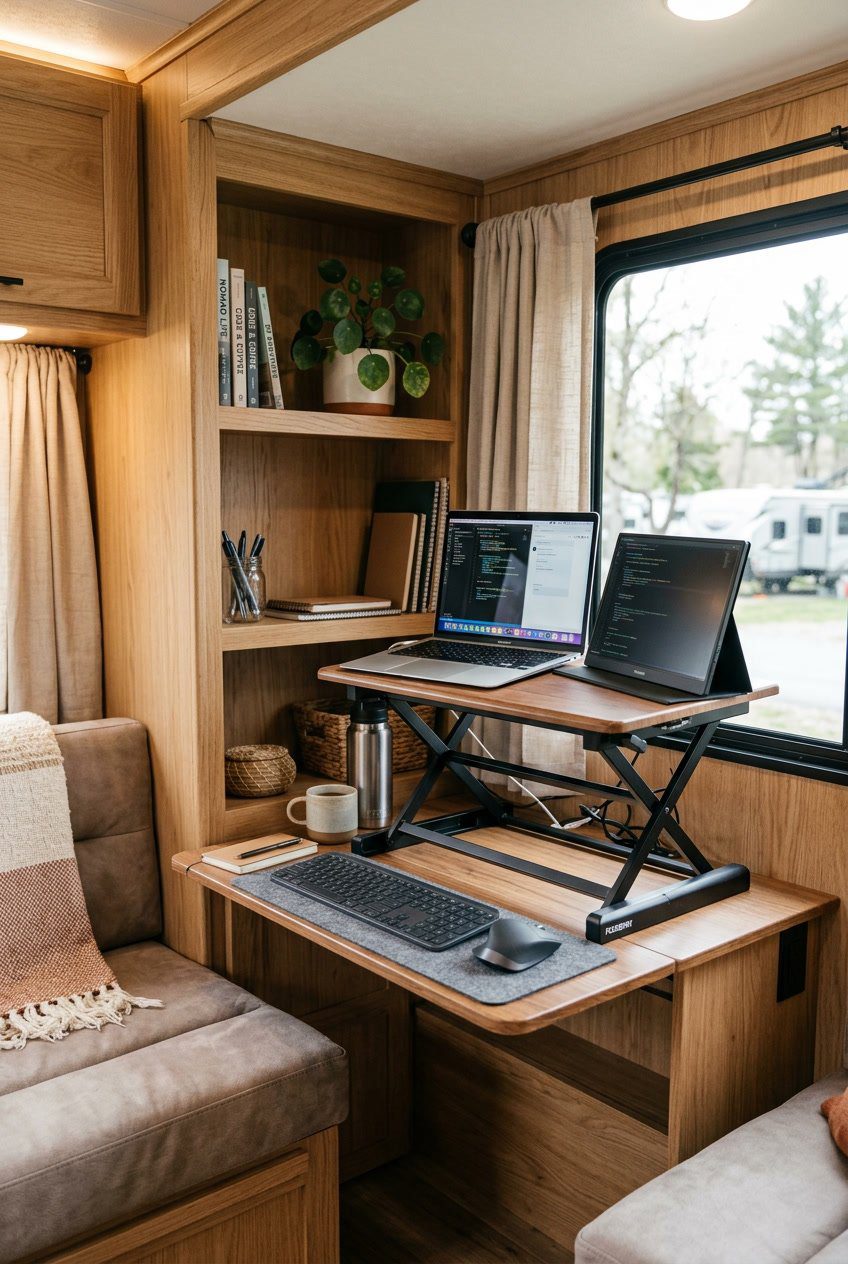 A portable standing desk converter set up inside an RV office nook with a laptop, keyboard, mouse, shelves, and a small plant.
