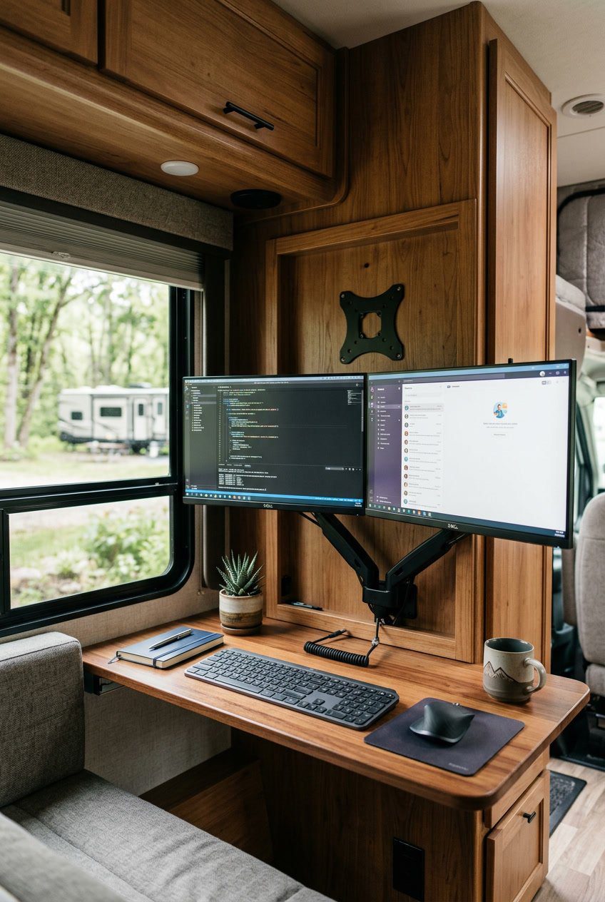 Dual-monitor setup mounted on an adjustable arm attached to a wooden cabinet inside an RV office nook.