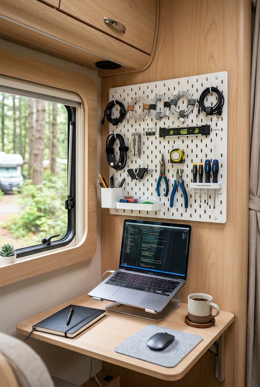 An organized pegboard with chargers and tools above a small desk inside an RV office nook.