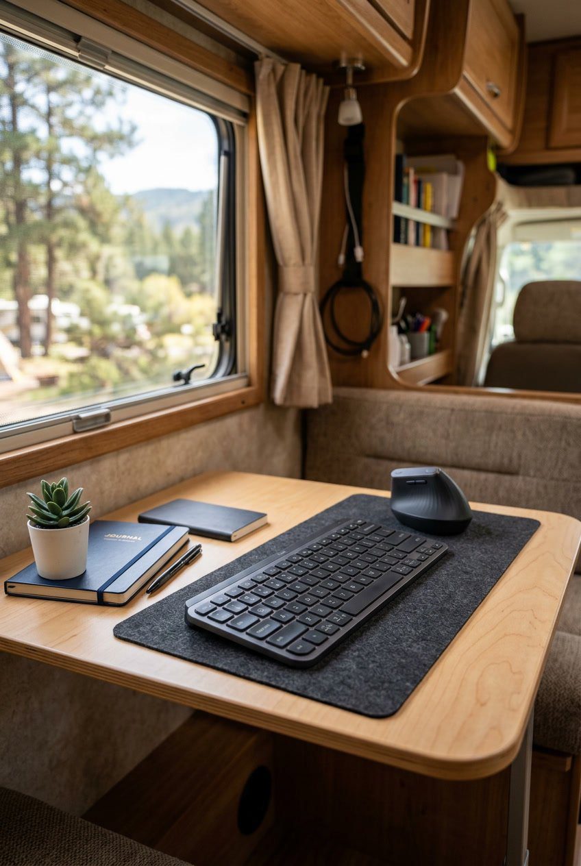Compact wireless keyboard and vertical mouse on a small desk inside an RV office nook with natural light and a plant nearby.