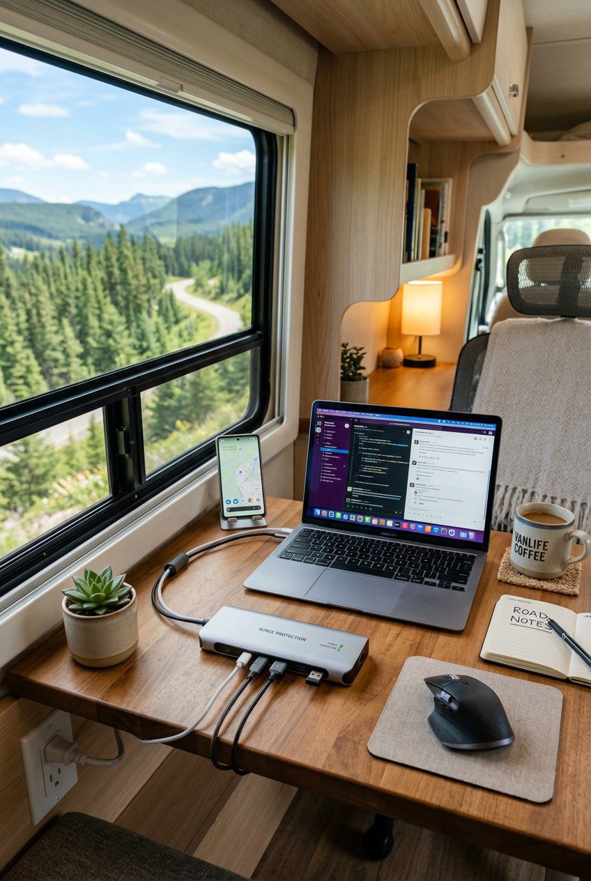 An organized RV office nook with a USB-C powered hub on a wooden desk connected to a laptop and smartphone, with a window showing greenery outside.