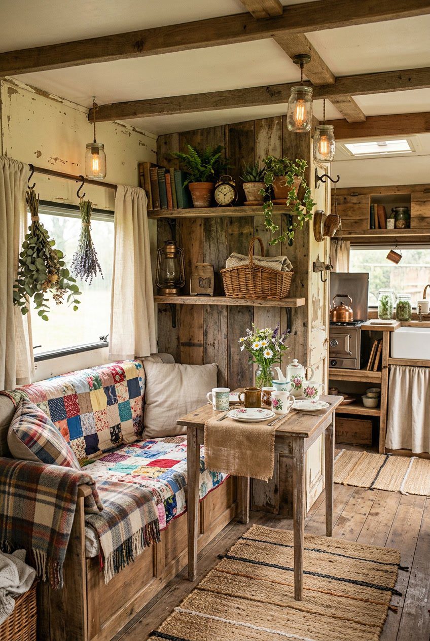 Interior of a cozy camper decorated with wooden accents, vintage lanterns, woven baskets, handmade quilts, potted plants, and rustic furniture illuminated by natural light.