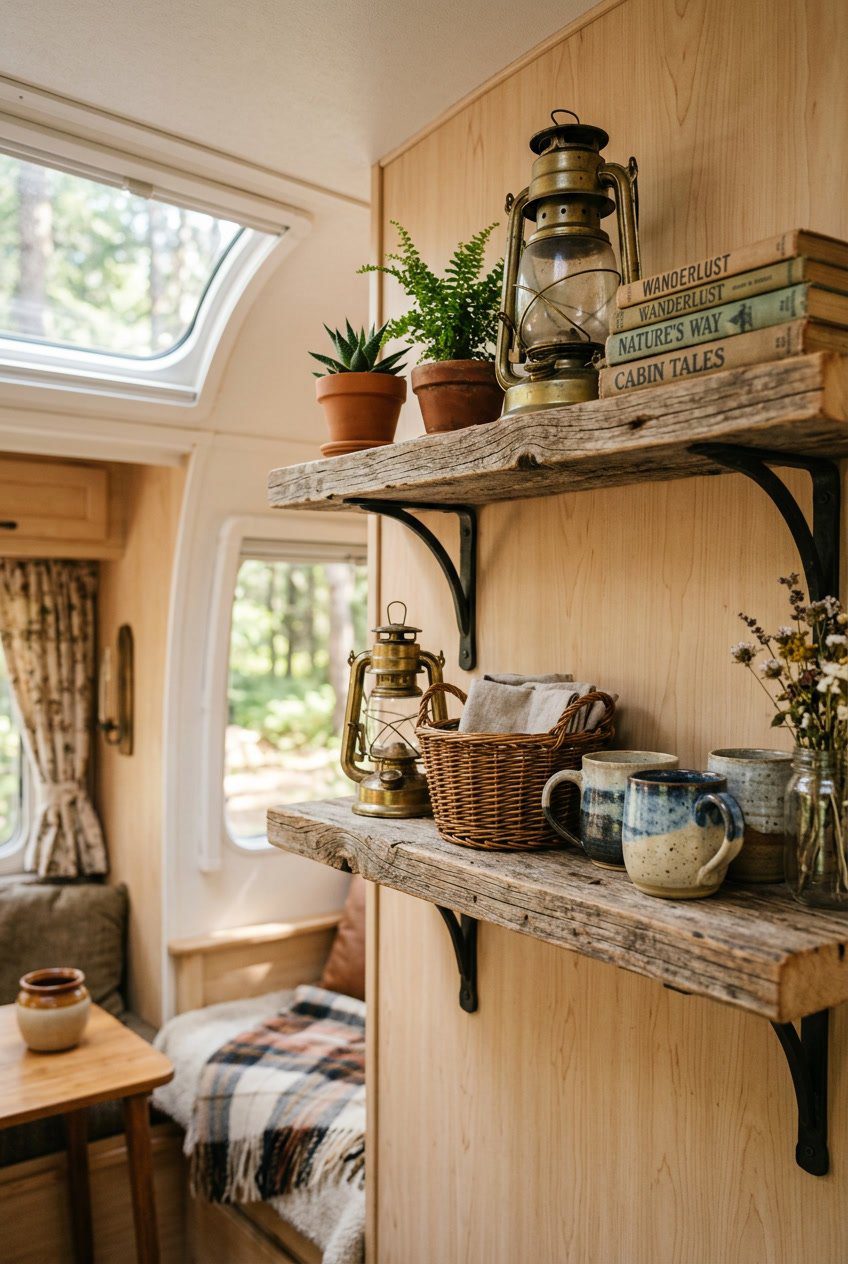 A set of wooden shelves inside a camper holding plants, lanterns, mugs, baskets, and books.