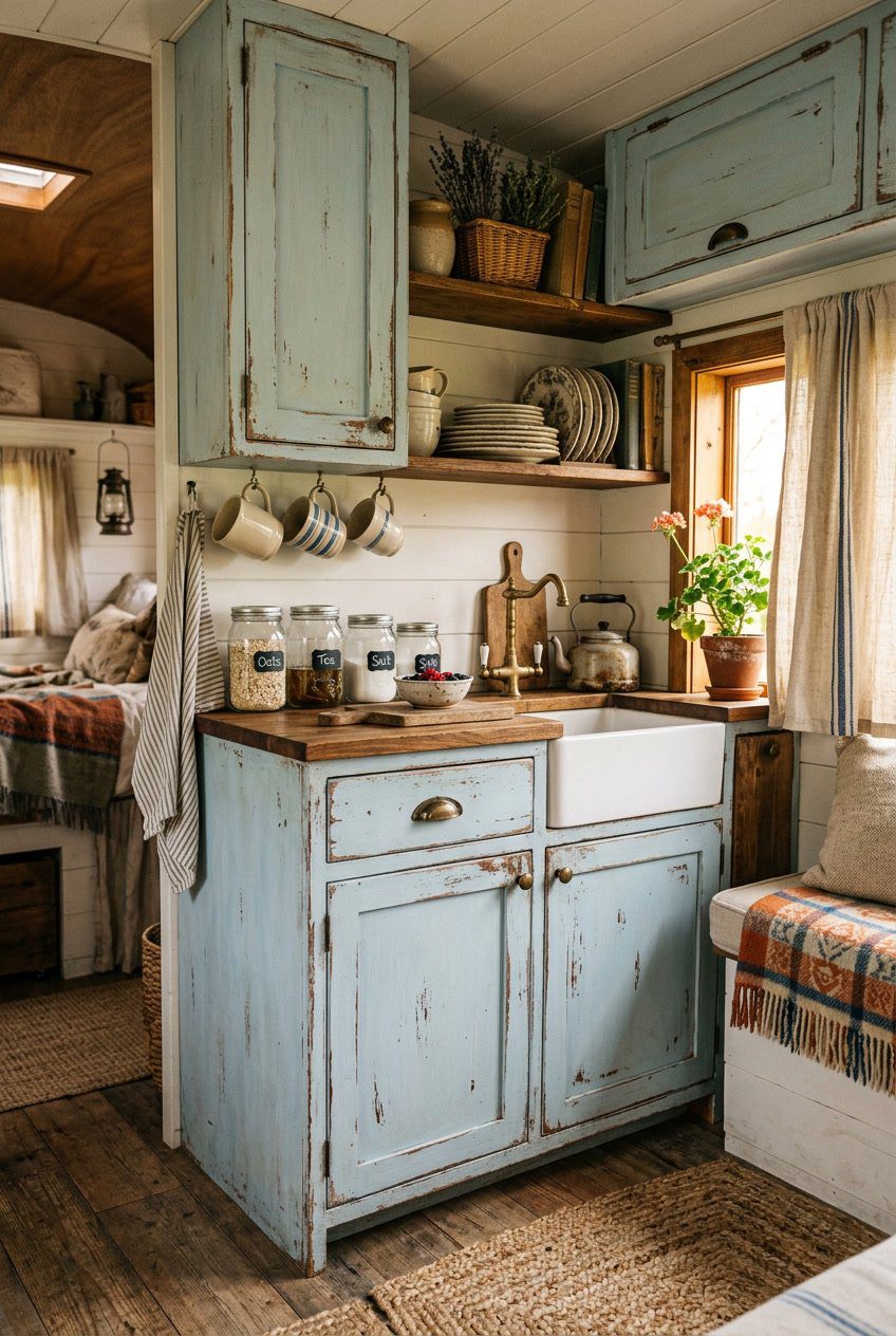 Interior view of a camper kitchen with worn painted cabinets, vintage kitchen items, and soft natural lighting.