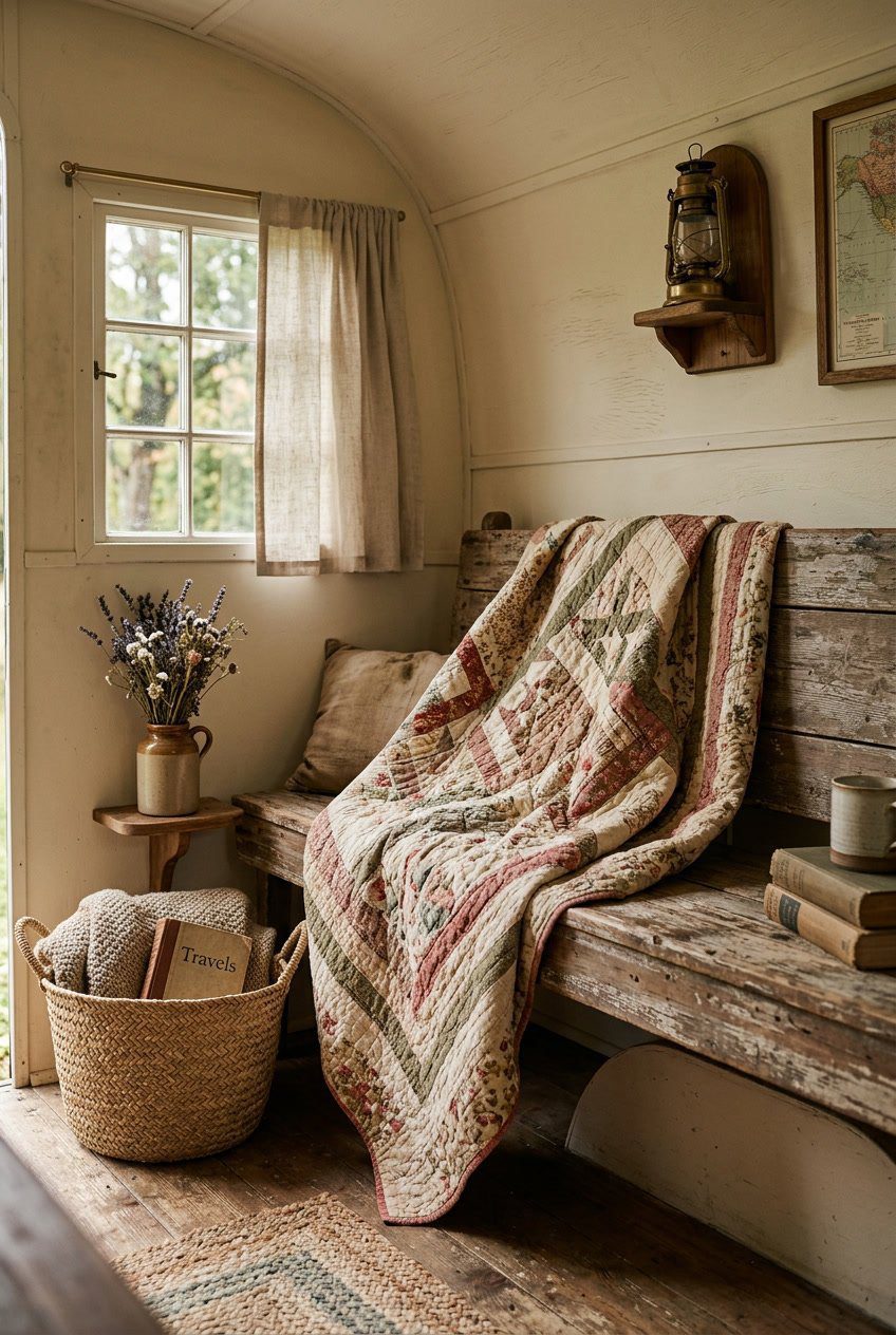 A quilted throw blanket draped over a wooden bench inside a camper with natural light and rustic decor.