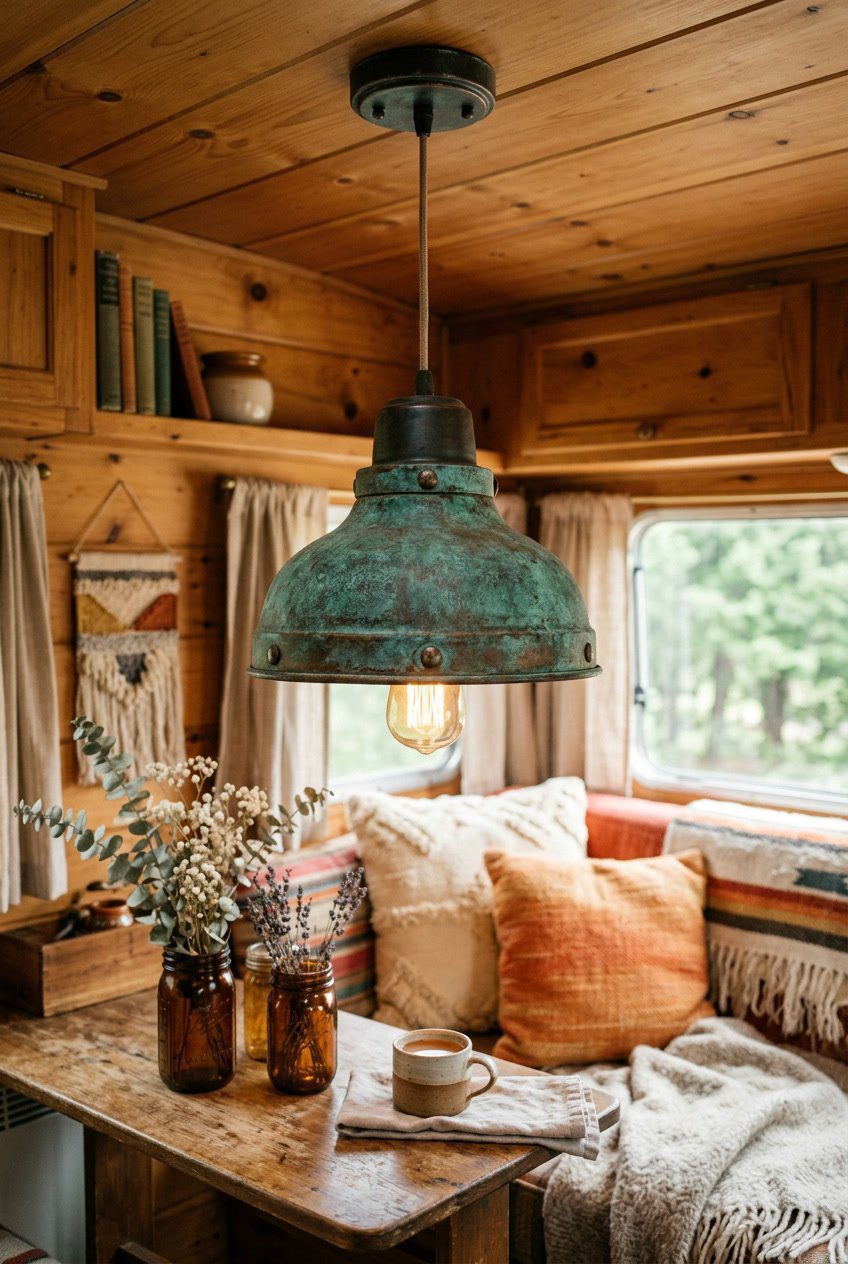 A patina metal pendant light hanging above a cozy camper interior with wooden surfaces and rustic decor.