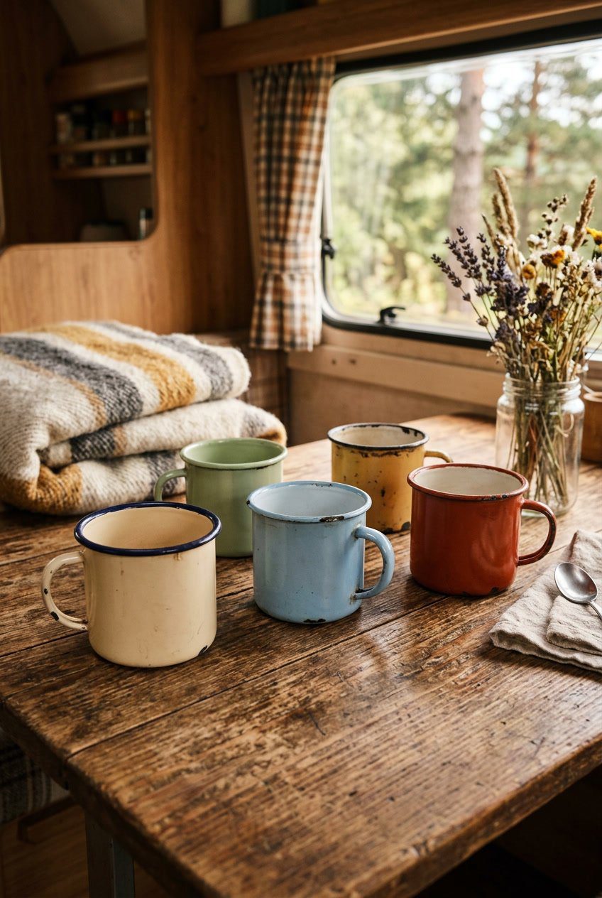 A set of vintage enamelware mugs on a wooden table with dried flowers and a woven blanket in soft natural light.