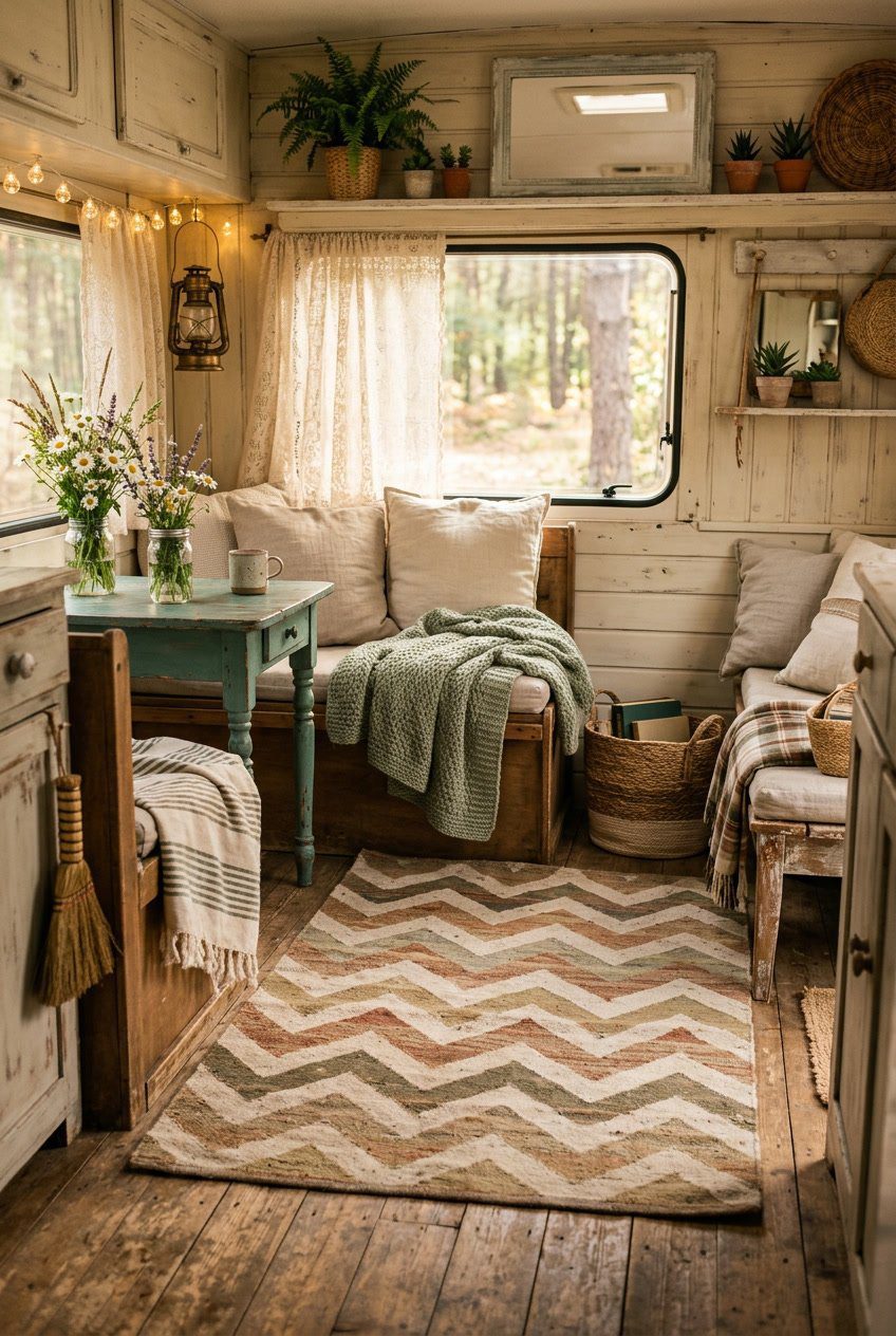Interior of a camper with a chevron rug on the floor, wooden furniture, soft cushions, and natural light coming through a window.