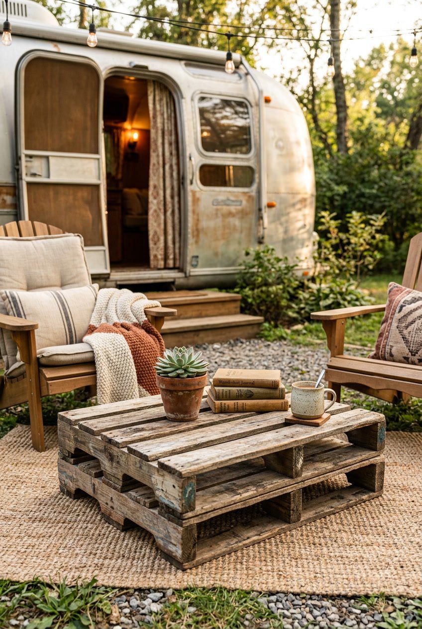 A rustic wooden pallet coffee table outdoors with plants, books, and a mug, surrounded by cushions and blankets near a camper.