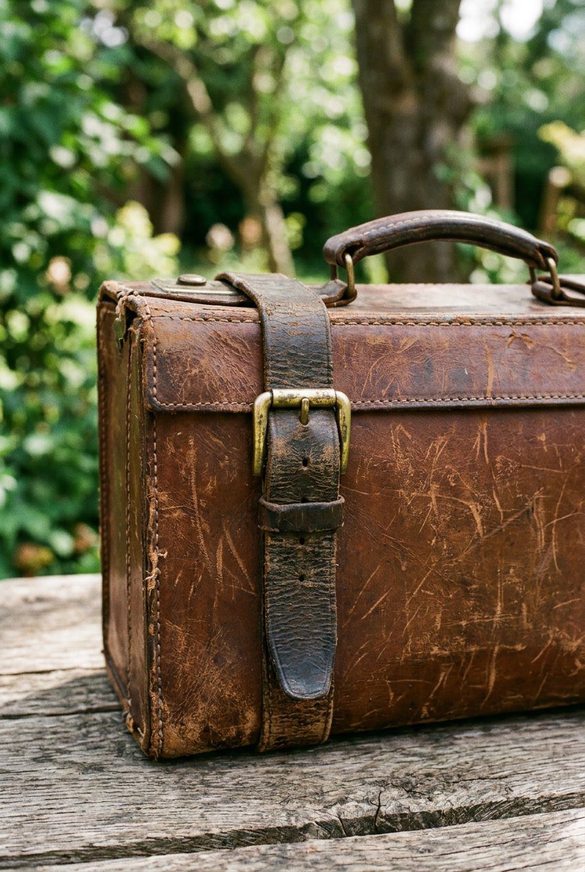 Close-up of a worn leather strap suitcase resting on a wooden surface outdoors with blurred greenery in the background.