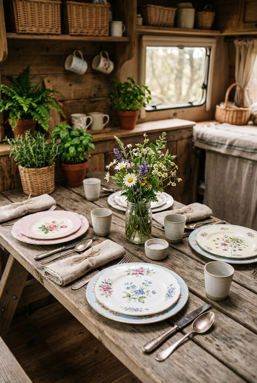 A wooden table set with mismatched floral bone china plates, wildflowers in glass jars, vintage cutlery, and linen napkins in a cozy camper setting.
