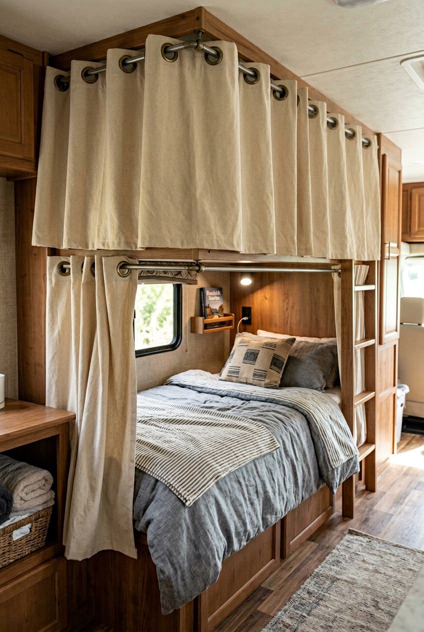 An RV bunk bed area with a canvas drop-sheet hung by metal grommets providing privacy in a shared sleeping space.