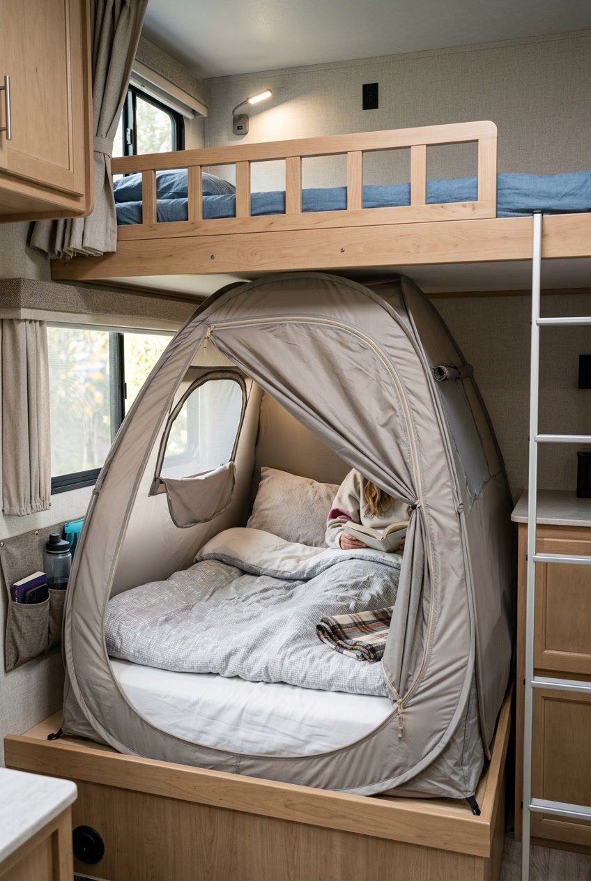 A portable pop-up privacy tent set up around a bunk bed inside an RV, creating a private sleeping space.