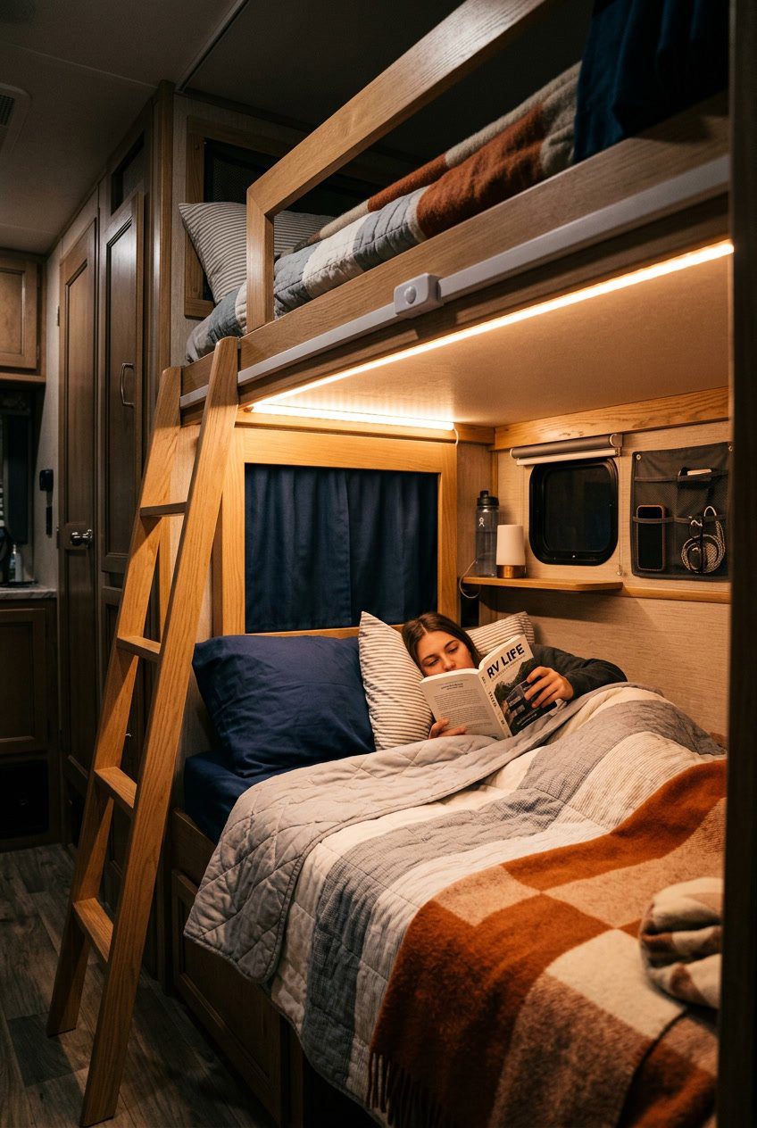 A cozy RV bunk bed area softly lit by a warm battery-operated motion-activated LED strip light along the bed frame.