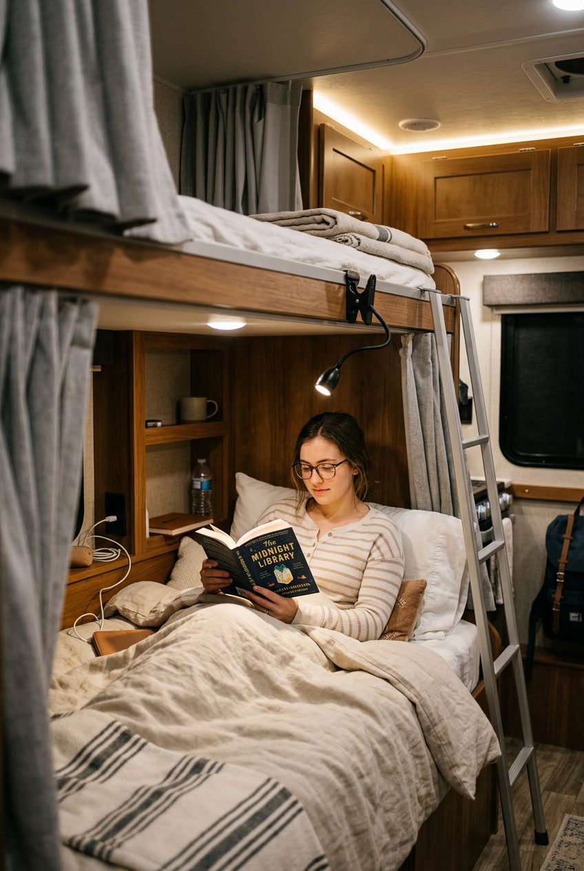 A cozy RV bunk bed with a flexible clip-on reading light illuminating a book, showing privacy curtains and a compact, organized sleeping space.
