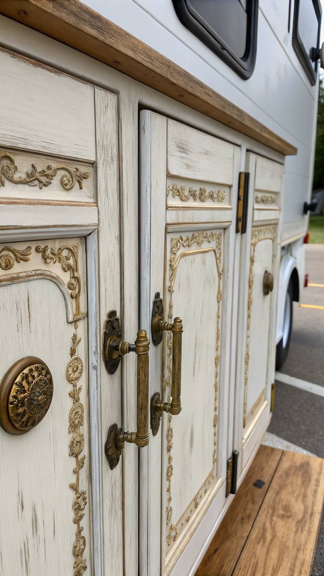 Antique brass hardware in shabby chic camper