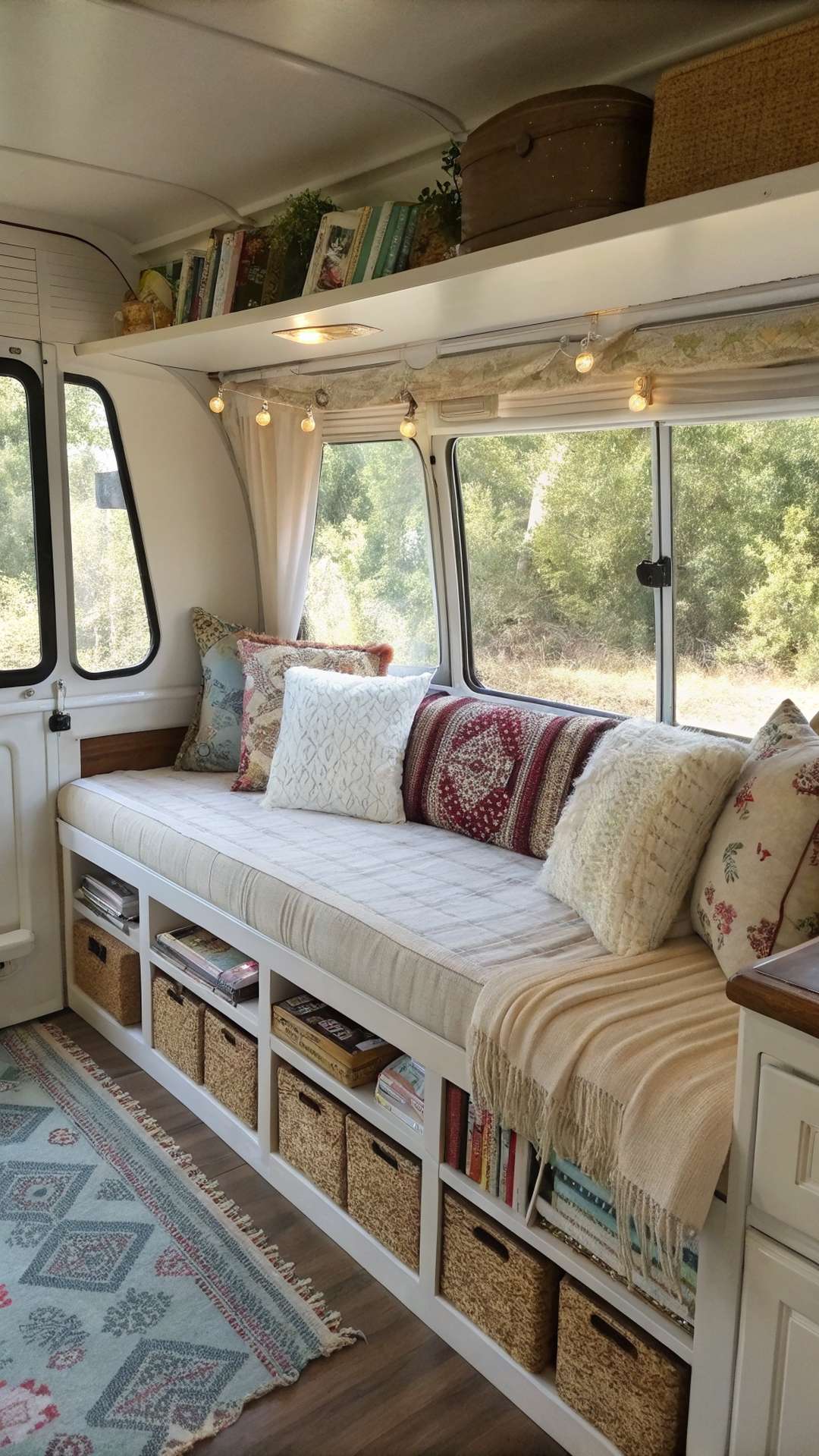 Window seat with storage in shabby chic camper